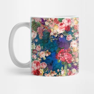 Elegant Vintage flowers and roses garden shabby chic, vintage botanical, pink floral pattern dark blue artwork over a T-Shirt Mug